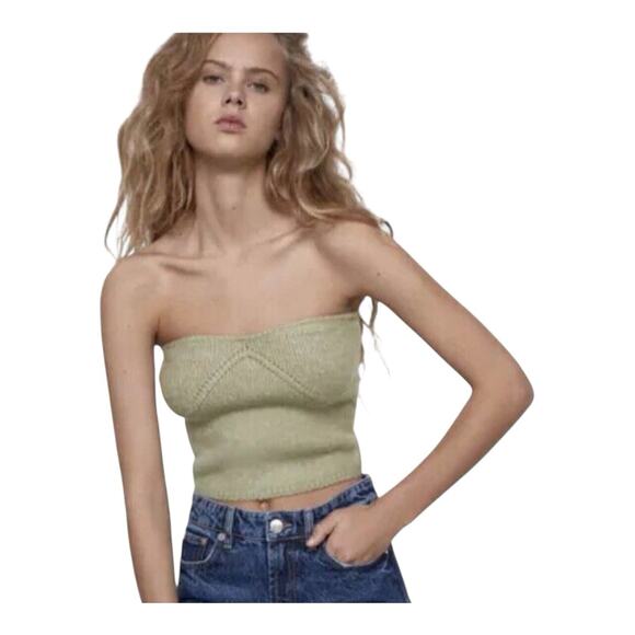 ZARA Sage Green Alpaca Knit Strapless Crop Top Sleeveless Size Medium - Picture 1 of 9